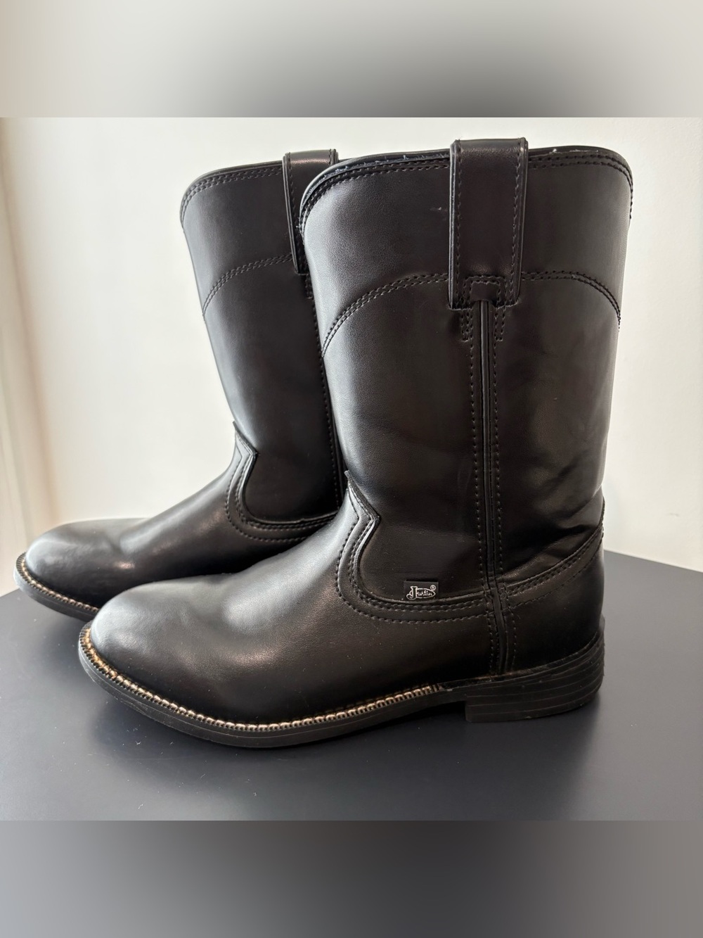JUSTIN MEN'S 10' ROPER TOE BLACK BOOTS, 9